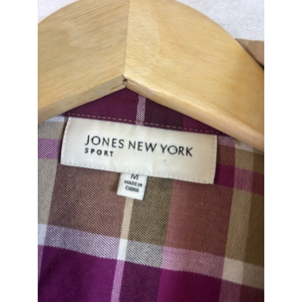Jones New York Sport Button Front Women's M Magenta Plaid Flannel Shirt L/SL